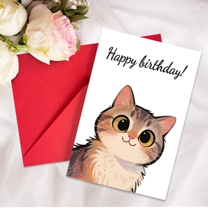 Detail of hand-drawn cat birthday card with red envelope on white silk background