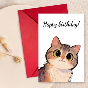 Hand Painted Cat Birthday Greeting Card And Red Envelope Coated Paper Happy Birthday Illustration Card For Friends
