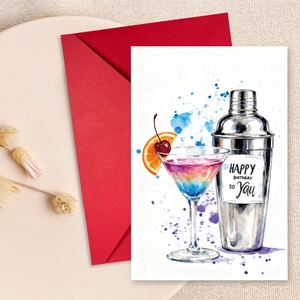 Set di Biglietti di Auguri di Compleanno Cocktail Acquerello Con Buste Rosse Cartoncino Pesante Stile Disegnato a Mano per Amici Famiglia