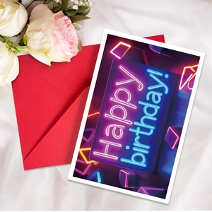 Neon style Happy Birthday card with red envelope and decorative roses for gifts