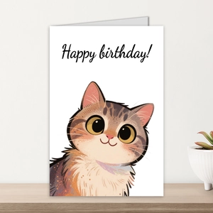 Detail of hand-painted tabby cat illustration on a white Happy Birthday card