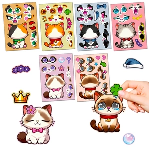 Detail view of 6 sheets of DIY cat stickers showing hand peeling facial accessories