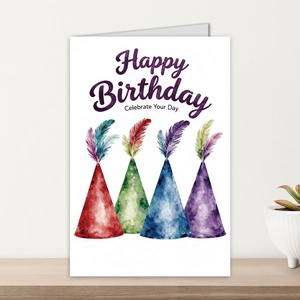 Close-up of birthday card with watercolor party hats and feathers on a wooden table