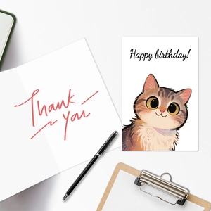 Flat lay of hand-painted cat birthday card and Thank You card with stationery details
