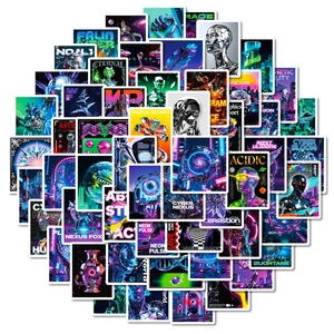 56 Cyberpunk Sticker Set mit Neon Weltraum und abstrakten metallischen Kunst Motiven