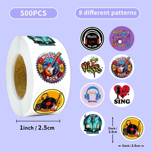 500pcs roll of 1-inch music theme stickers with 8 creative artistic guitar and vinyl designs