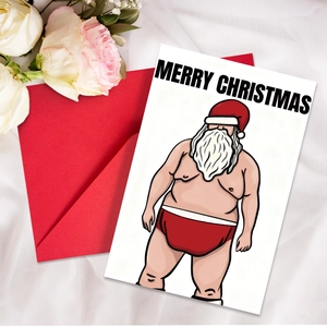 Funny Santa in red underwear Christmas card detail with matching red envelope