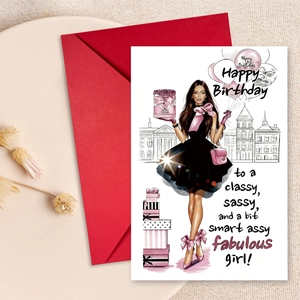Ensemble de Cartes de Vœux d'Anniversaire Femme Illustration de Mode Avec Enveloppe Rouge Papier Cartonné 300GSM Cadeau Élégant