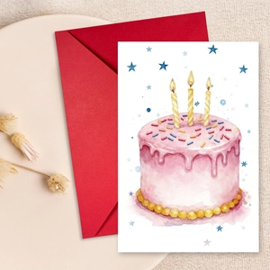 Watercolor Birthday Cake Greeting Card Set With Red Envelopes Large Art Paper Cards For Birthday Anniversary Party Gift