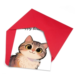 Hand-painted cartoon cat birthday card with a vibrant red envelope for friends