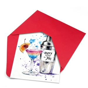 Set di biglietti d'auguri acquerello con design cocktail e busta rossa vivace