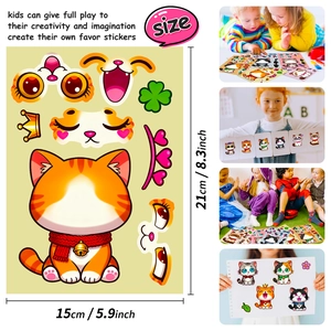 Set of 6 DIY cartoon cat face-changing stickers for kids reward and creative play 15x21cm