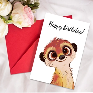 Close-up of birthday card with meerkat illustration, red envelope, and floral decor