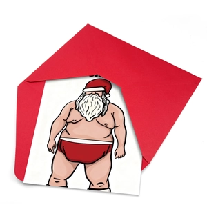 Funny Santa Claus swimwear greeting card set with red envelope on white background