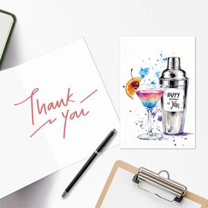 Set creativo di biglietti di auguri con illustrazione cocktail acquerello e buste