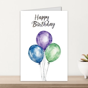 Watercolor balloon design birthday card standing on a wooden desk with a small plant