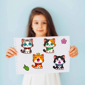 Detail of 6pcs DIY cartoon cat face swap stickers held by a girl for kids reward