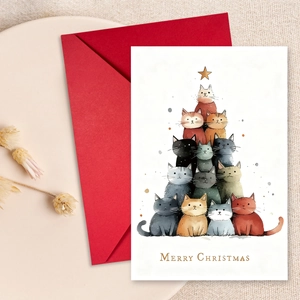 Creative Cat Christmas Tree Greeting Card With Red Envelope Illustration Hand Drawn Holiday Blessing Cards For Christmas