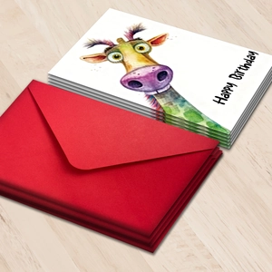 Greeting card set with watercolor giraffe and red envelopes on wooden background