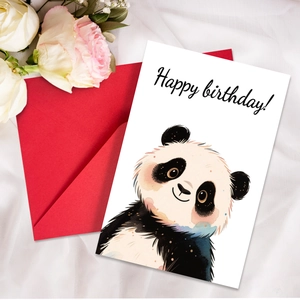 Detail of happy birthday card with cute panda illustration and a premium red envelope