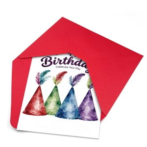 Birthday card set with colorful party hats and a vibrant red envelope on white background