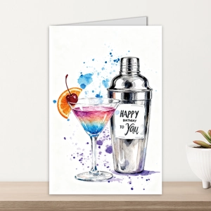 Dettaglio di un biglietto di auguri con illustrazione di cocktail ad acquerello e testo