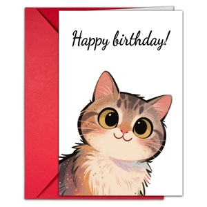 Hand-painted cat birthday card with a vibrant red envelope on a white background