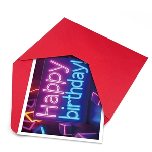 Neon style Happy Birthday card with red envelope set for gift and cake decoration