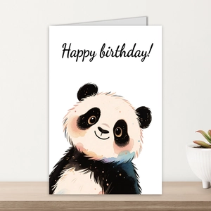 Minimalist Happy Birthday card featuring a cute watercolor panda on a wooden desk