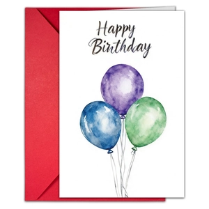 Happy Birthday greeting card with watercolor balloons and a vibrant red envelope set