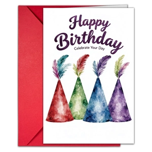 Minimalist Happy Birthday card set with watercolor party hats and red envelope