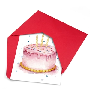 Watercolor birthday card featuring a cake with candles and a premium red envelope