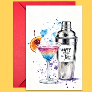 Dettaglio di un biglietto di compleanno con cocktail acquerello e busta rossa