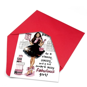 Set de carte d'anniversaire élégant avec illustration de femme et enveloppe rouge