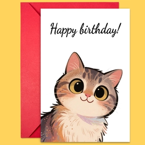 Detail of cute hand-painted calico cat birthday card with a vibrant red envelope