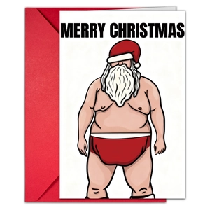 Funny Santa illustration Christmas card set with a red envelope and holiday greeting