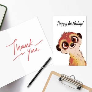 Detail view of cartoon meerkat birthday cards and thank you cards on a desk setup
