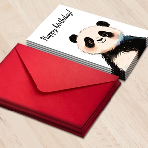 Close-up of cute panda birthday cards with watercolor art and vibrant red envelopes
