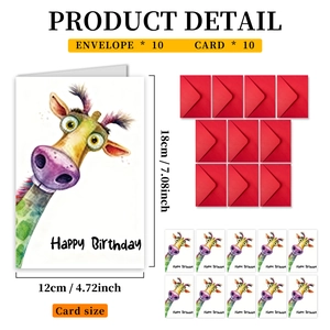 Detail view of 12x18cm watercolor giraffe birthday cards with 10 red envelopes set