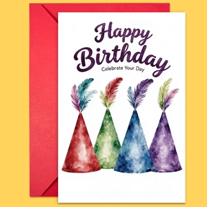 Close-up of birthday card with watercolor party hats and a vibrant red envelope