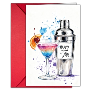 Set di biglietti d'auguri creativi con cocktail ad acquerello e busta rossa