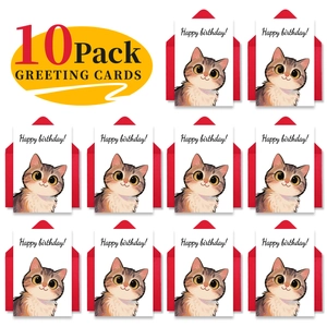 Set of 10 hand-painted cat birthday cards with red envelopes for gift celebration