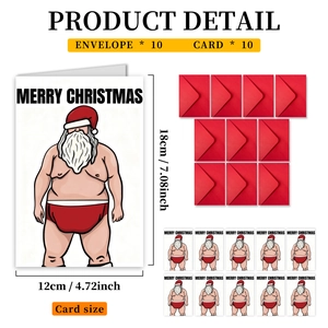 Detailed view of 10 funny Santa envelopes and greeting cards set with size dimensions