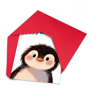 Cute cartoon penguin birthday greeting card with bright red envelope gift set