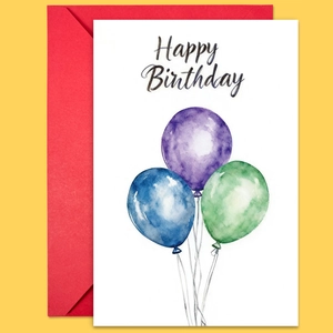 Detail of Happy Birthday card with watercolor balloons and a vibrant red envelope
