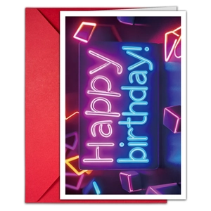 Neon style Happy Birthday card set with a vibrant red envelope and geometric neon graphics