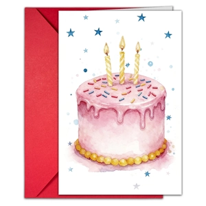 Large watercolor birthday card set featuring a pink cake design with a red envelope