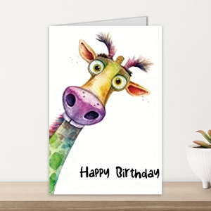 Funny watercolor giraffe birthday card standing on a wooden desk with a small plant