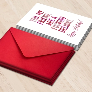 Humorous birthday card set with red envelopes and purple text on white background