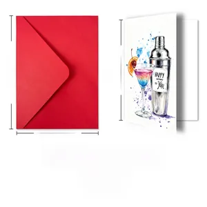 Dettaglio biglietto auguri con design cocktail e busta rossa completa di dimensioni